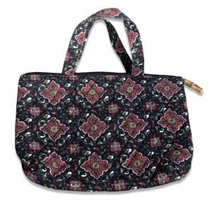 Quilted Cotton Mini Tote Bag Black Red Medallion Print Zip Top Carryall Boho